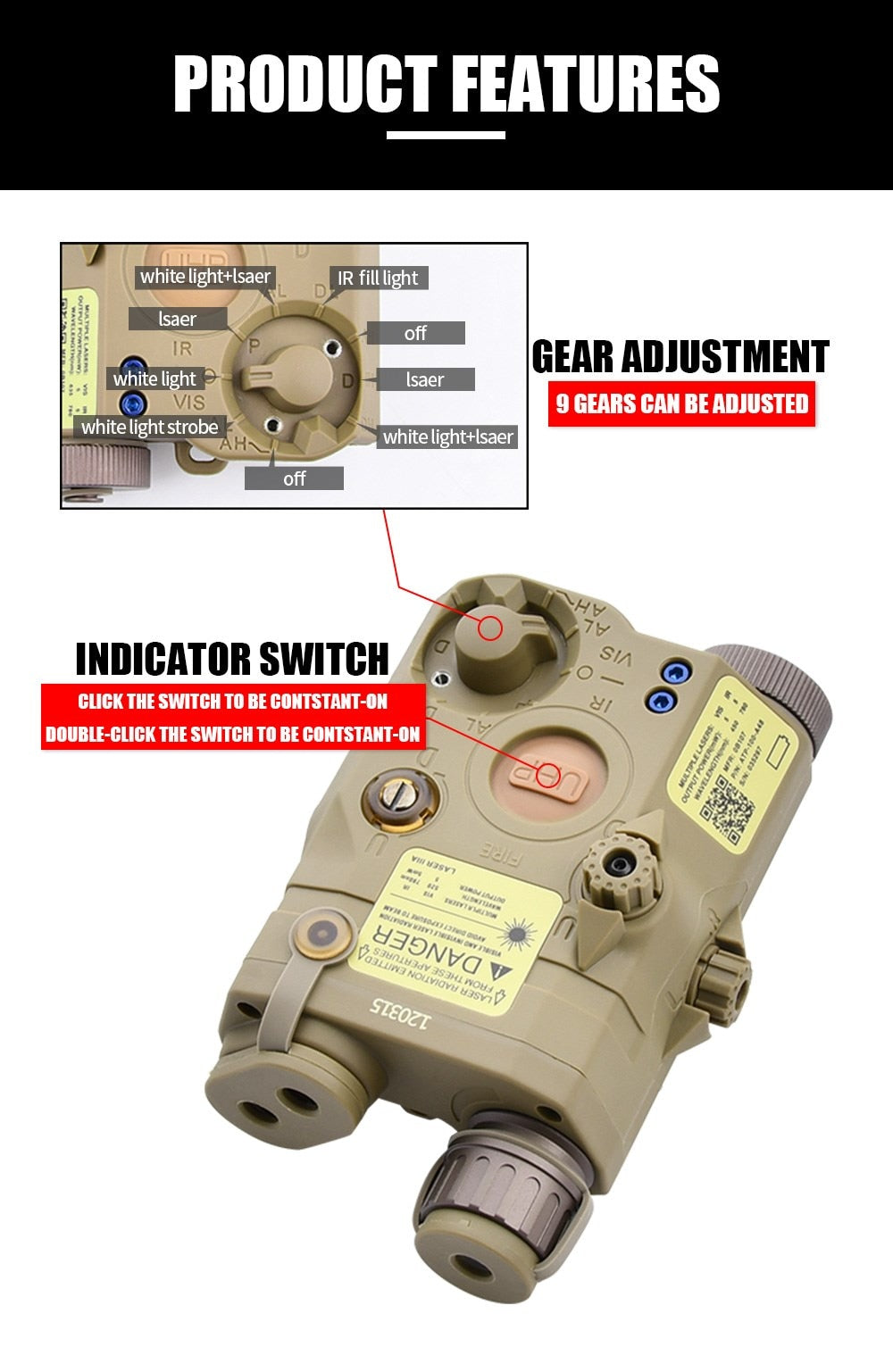 WADSN Tactical PEQ15 IR Illuminator, Flashlight, Green/Red Dot Laser